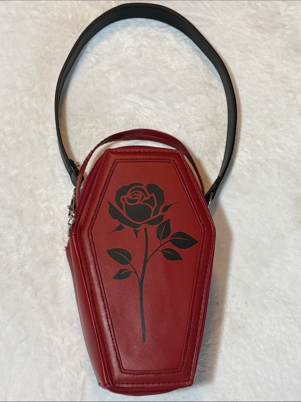 Flying Tiger Blood Red Coffin-Shaped Mini Crossbody Bag Black Rose Print Vampire